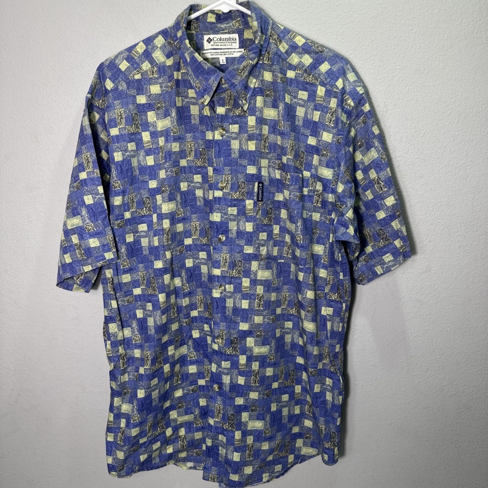 Columbia Mens Button Down Shirt Fish Pattern Short Sleeve Sz Large 100% Cotton